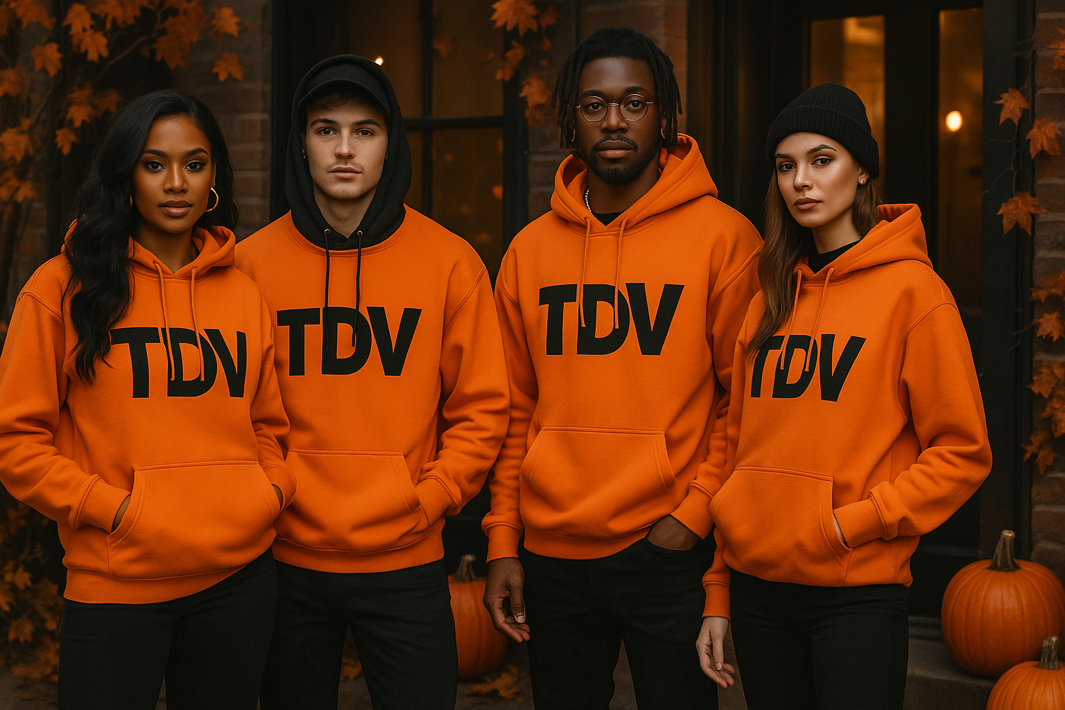 generate me a TDV orange hoodies with models that are beautiful women and men and remember it is halloween season so go along with season vibes while looking a very modern look